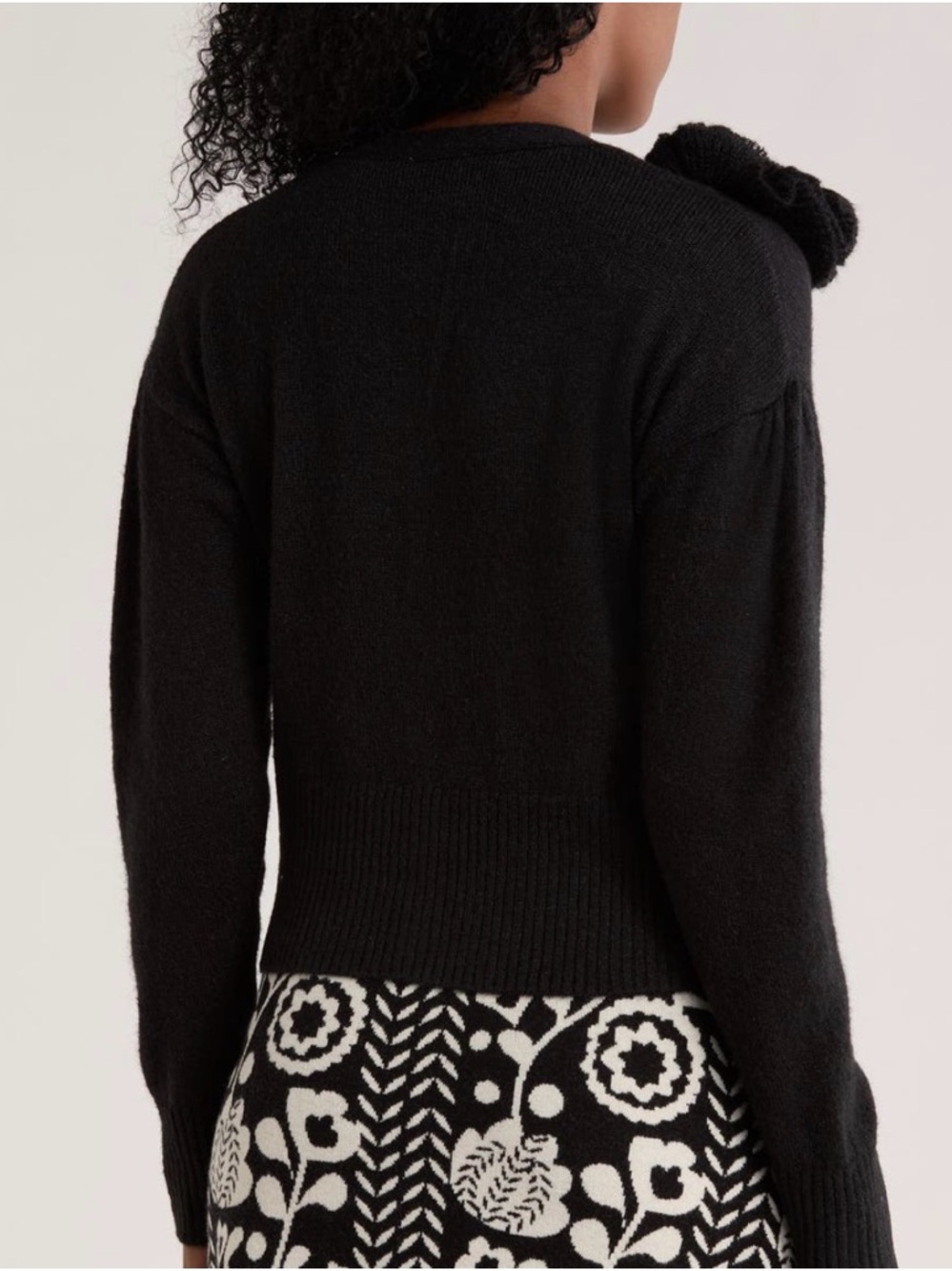 Elie Tahari Black V-Neck Button Cardigan with Shoulder Rosette